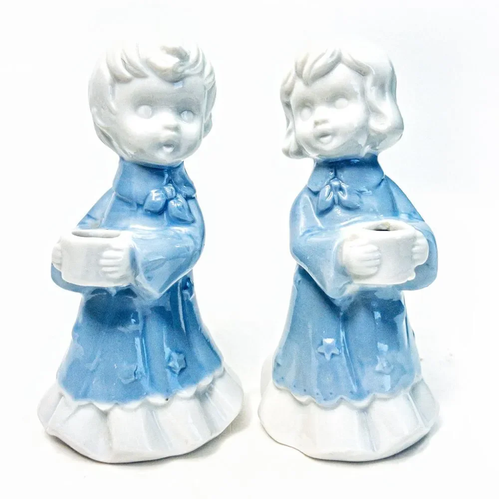 Pair Blue Angel Children Porcelain Candle Holders